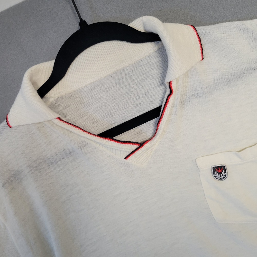 Vintage Single Stitch White V-Neck Polo Shirt Short Sleeve Pocket Crest Small